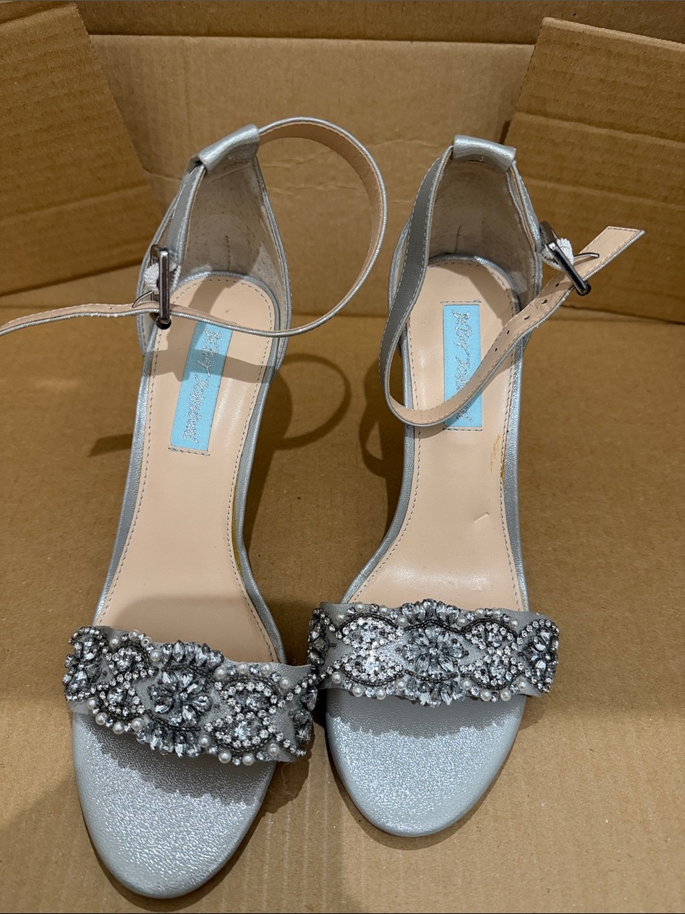 Betsey Johnson Silver Jeweled Ankle-Strap Heels GINA